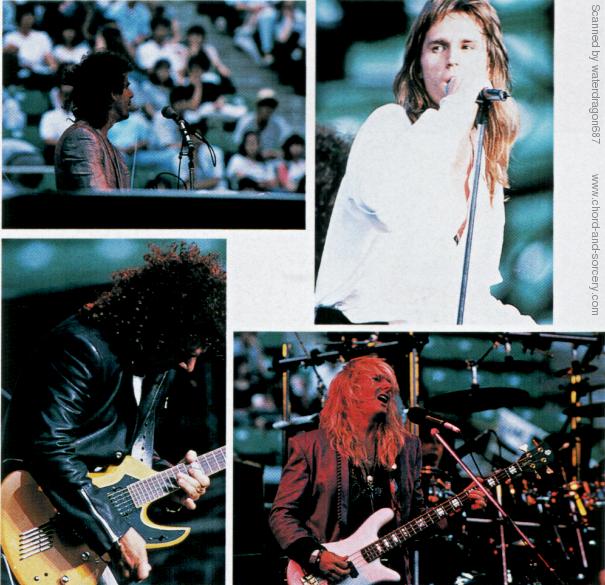 Clockwise from top left: Jonathan Cain, John Waite, Ricky Phillips, and Neal Schon, live at Ariake Coloseum, Tokyo, Japan, 5 Aug. 1989. Photo from an article in the October 1989 issue of BURRN! magazine, page 111